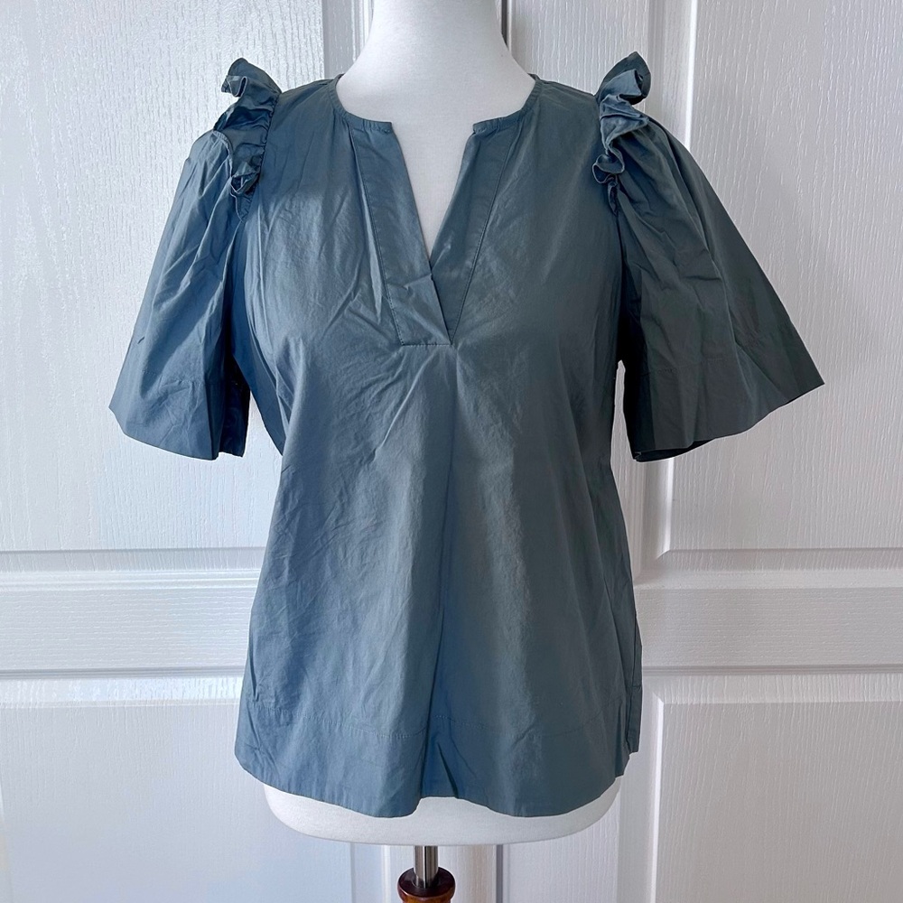 Sea New York Slate Blue Ruffle-Sleeve Poplin Top